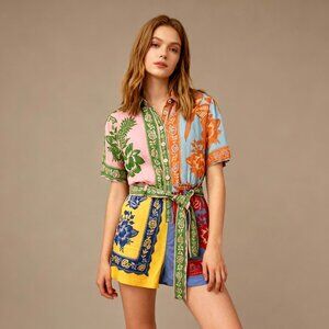 NWT Farm Rio Lace Garden Belted Romper Size M 100% Linen Blend Multicolor